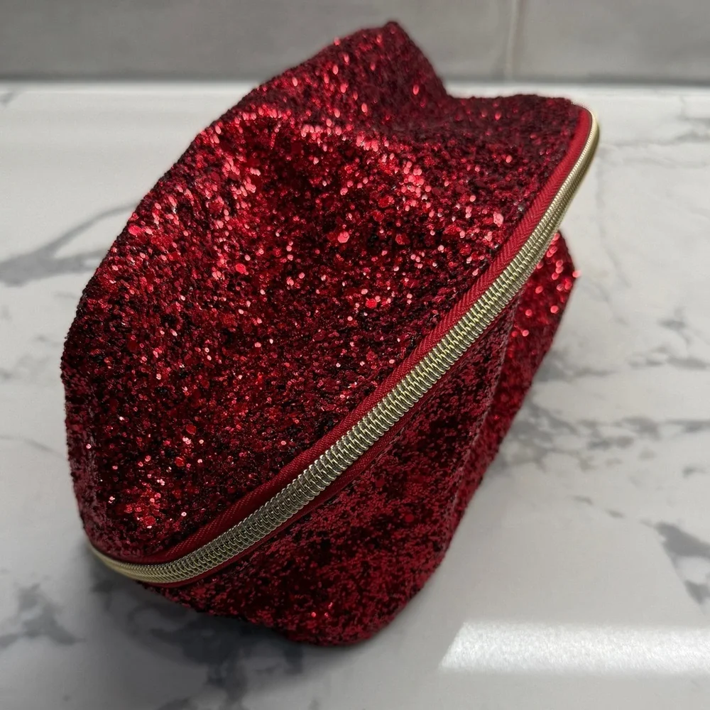 Christmas Holiday Red glitter cosmetic zip bag with gold snowflake charm new